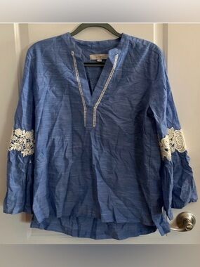LOFT Boho Chambray Blue Shirt with Pinstripe Detail and lace detail sleeves!